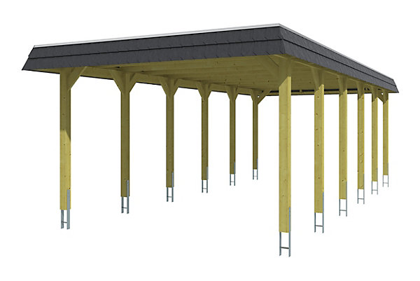 Carport SKAN HOLZ Spreewald 396x893cm, planches de toit et EPDM, bandeau noir, bois résineux imprégné vert