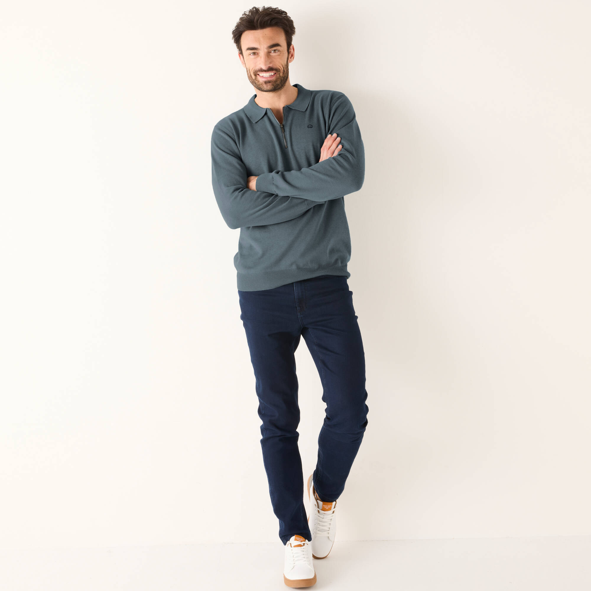 Pull fin col polo zippé broderie poitrine