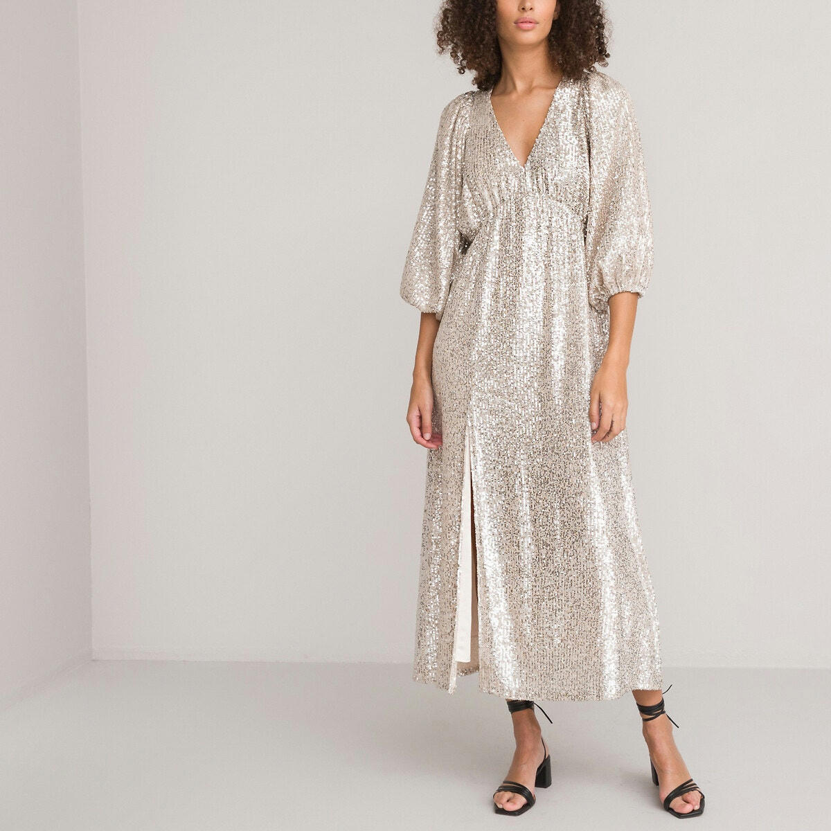 Robe longue à sequins, col v, manches ballon