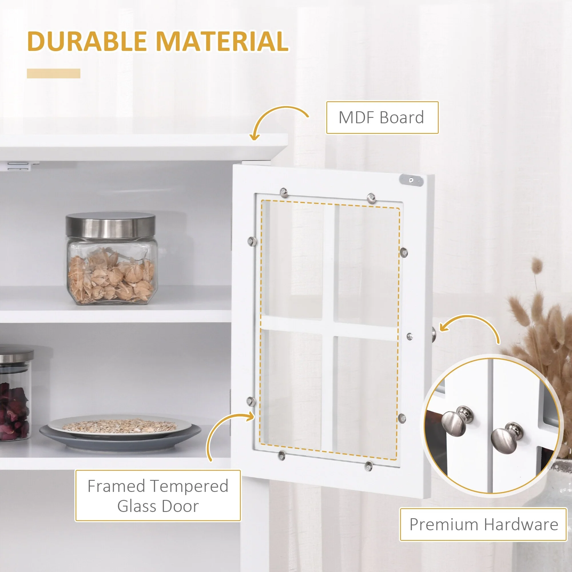 Kitchen Pantry Storage Cabinet with Framed Glass Door Drawer and Microwave Space