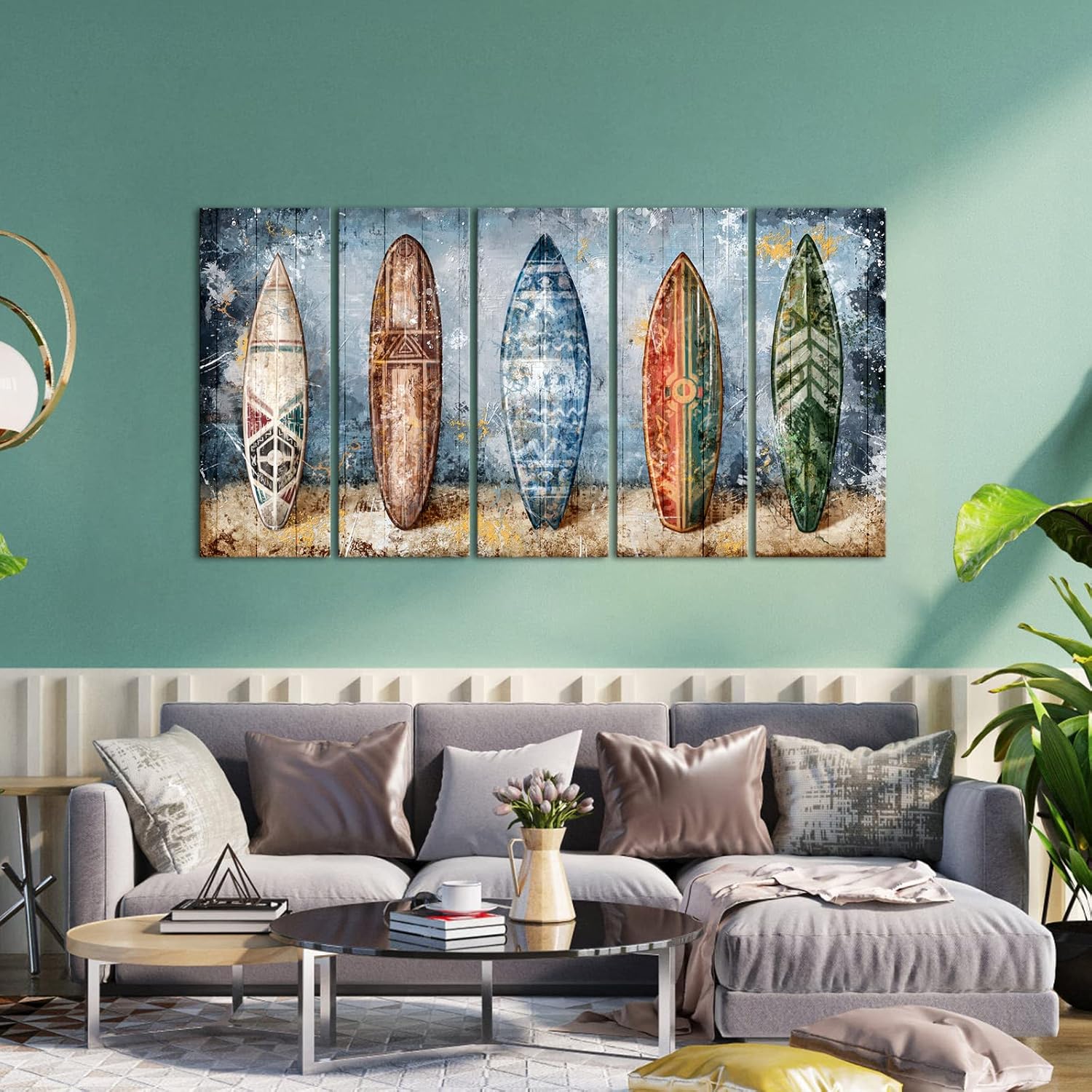 Derkymo Surfboard Wall Art Surf Decor Vintage Travel Poster Hawaii Surfer Room Decor Framed Ready tO Hang 12x32x5pcs (L: 32 W: 60)