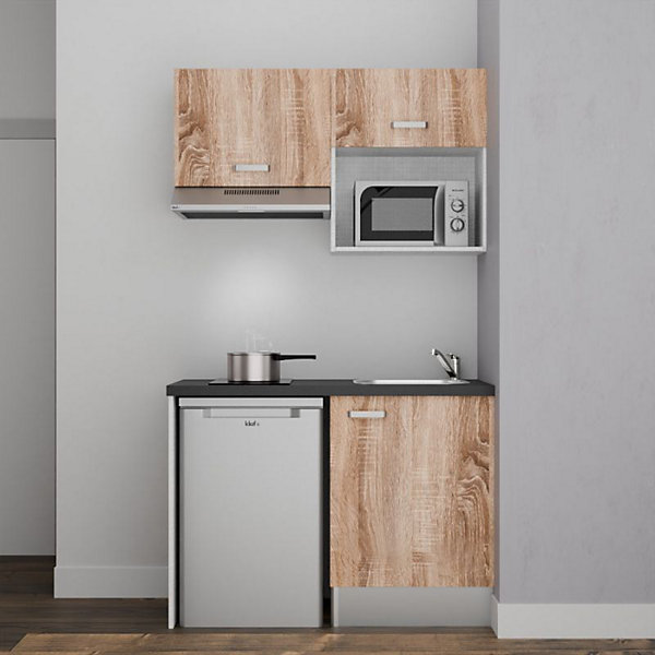 Kitchenette K02 - 120 cm - Façades : Bois - Plan de travail : Noir texturé - Crédences : Non - Evier Inox