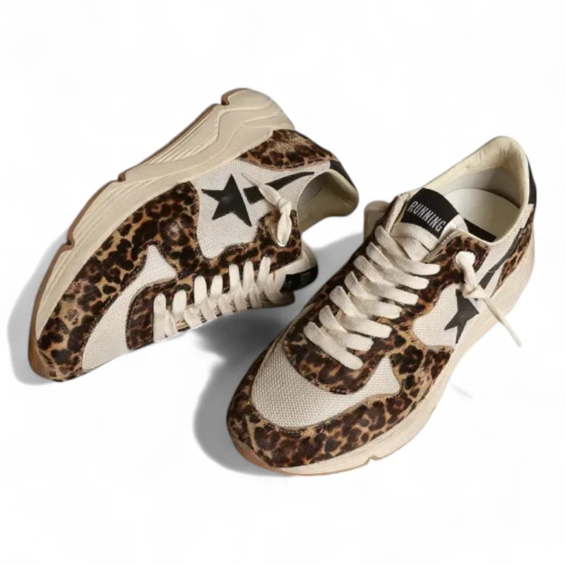 Running Sole sneakers in cream-colored mesh with leopard-print pony skin inserts and black leather s