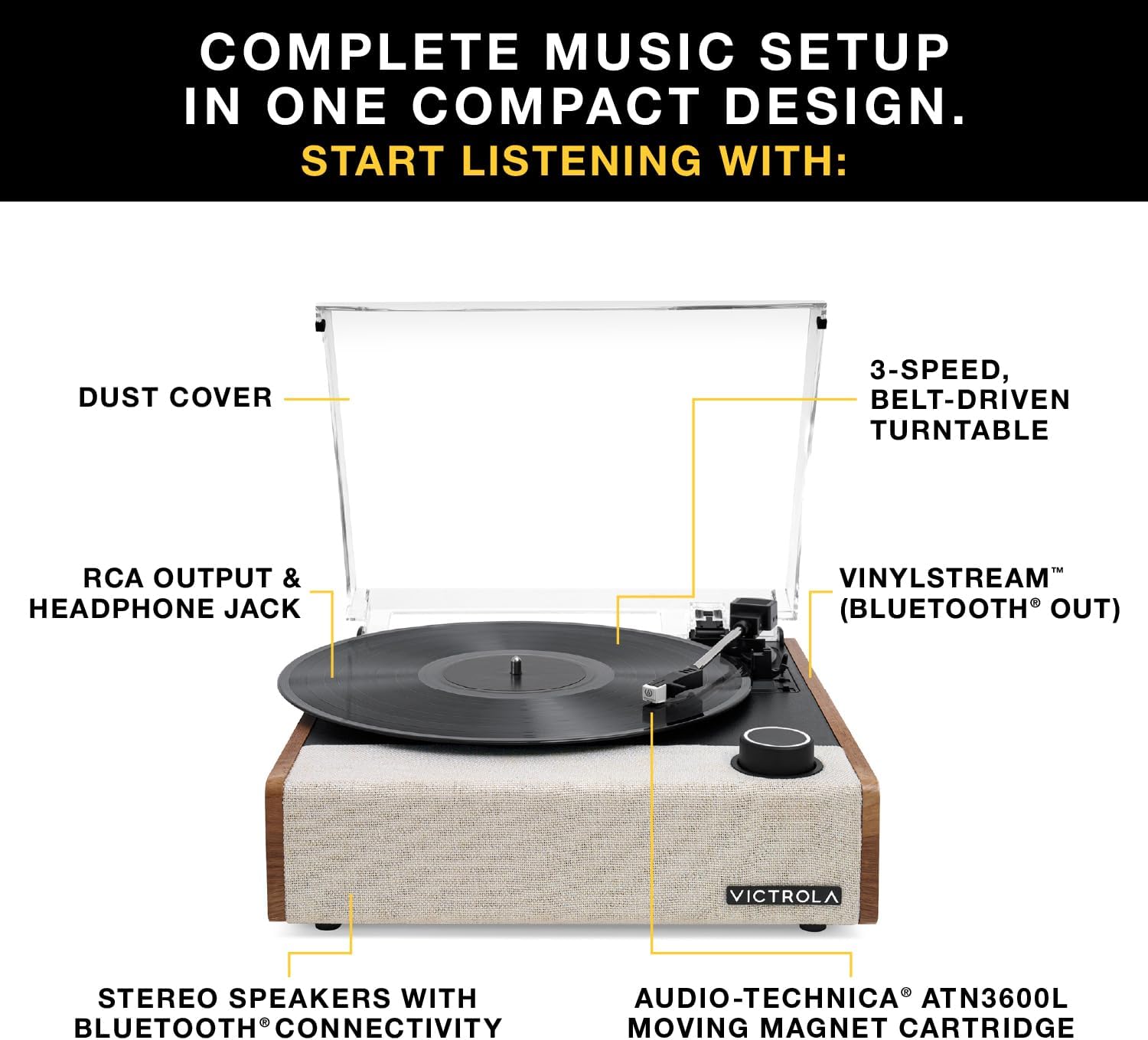 Victrola Eastwood II Record Player with Speakers – Bluetooth 5.1 and Vinyl Stream Technology, Vintage Style 3-Speed Vinyl Player, Audio Technica AT-3600LA Cartridge (Oak)