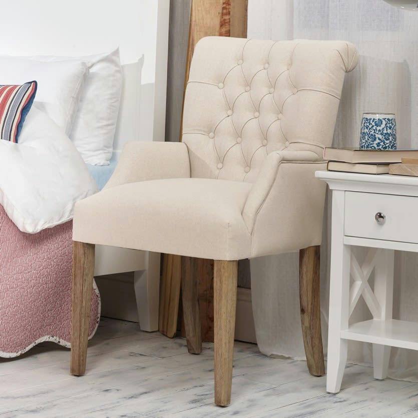 - Fauteuil de table capitonné en bois et lin naturel Lin