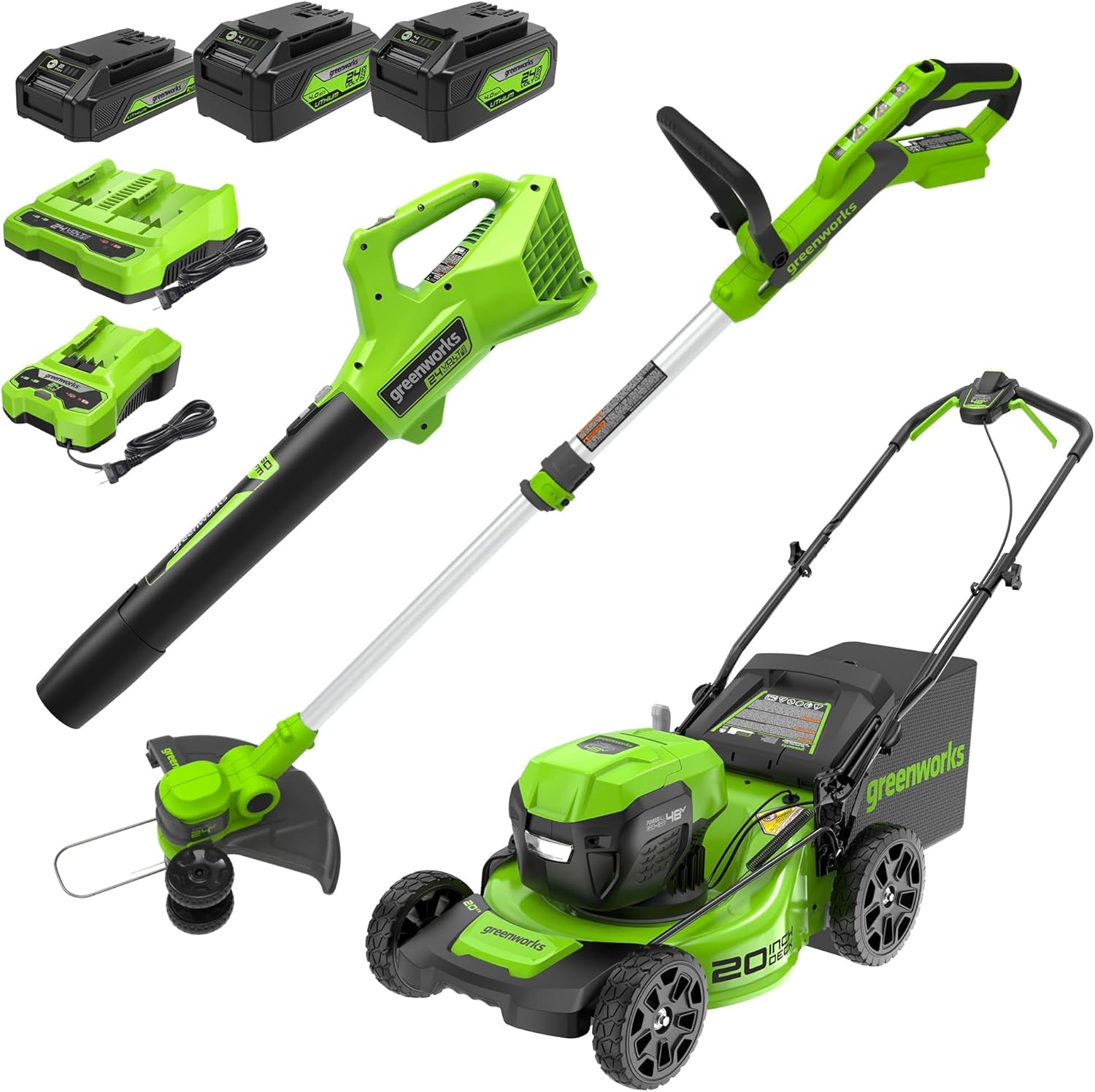 Greenworks 48V (24V x 2) 20 Cordless Battery Mower  12 String Trimmer/Edger  & 320 CFM Blower Combo Kit w/ (2) 4.0Ah Batteries  (1) 2.0Ah Battery & Chargers