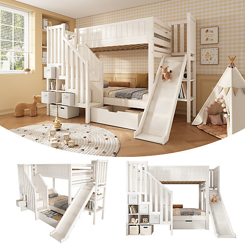 Lit superposé enfant 90x200cm avec toboggan et escalier de rangement - 1 tiroir et étagères ouvertes - Blanc (sans matelas)
