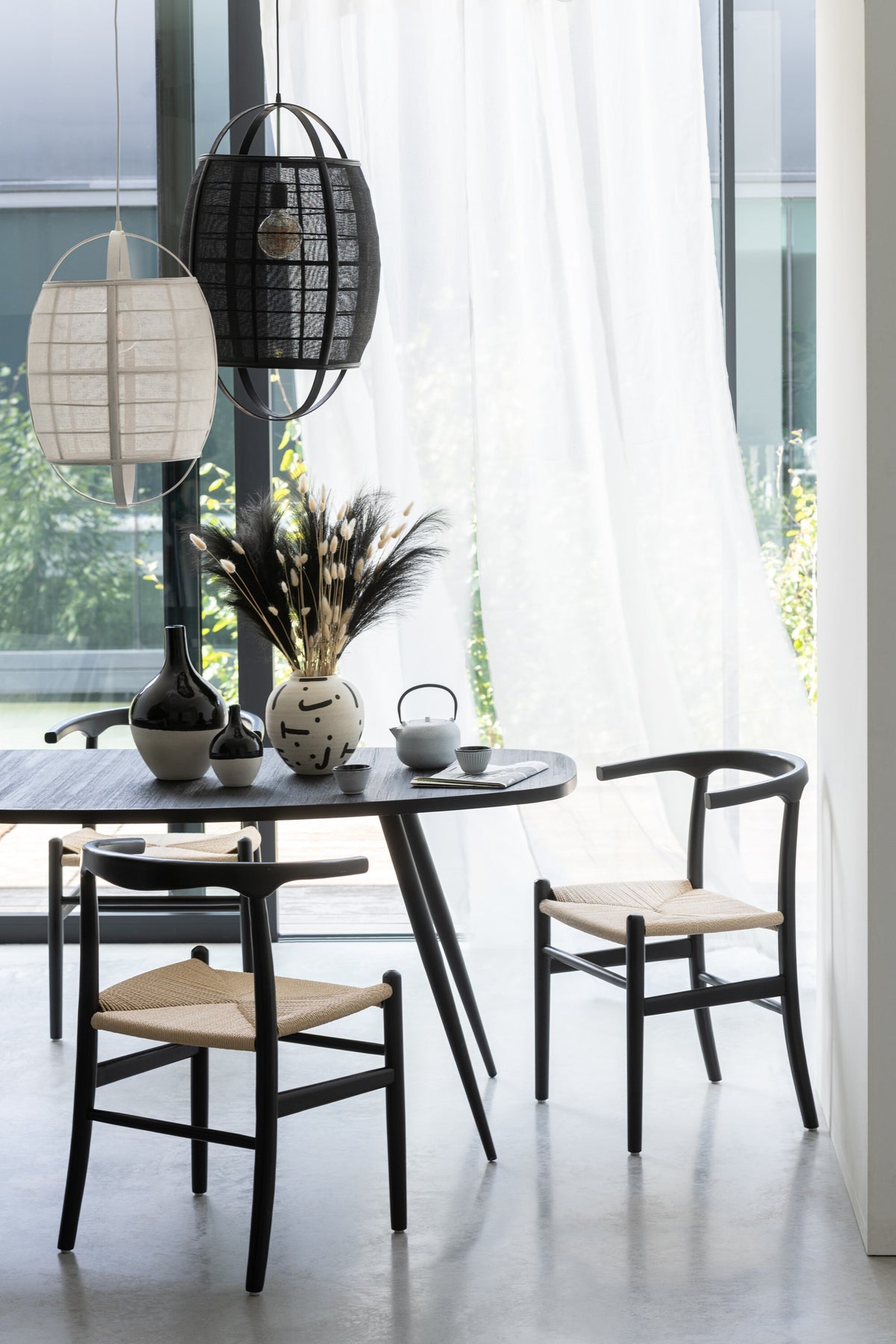 J-Line hanglamp Ion - linnen/bamboe - zwart - small