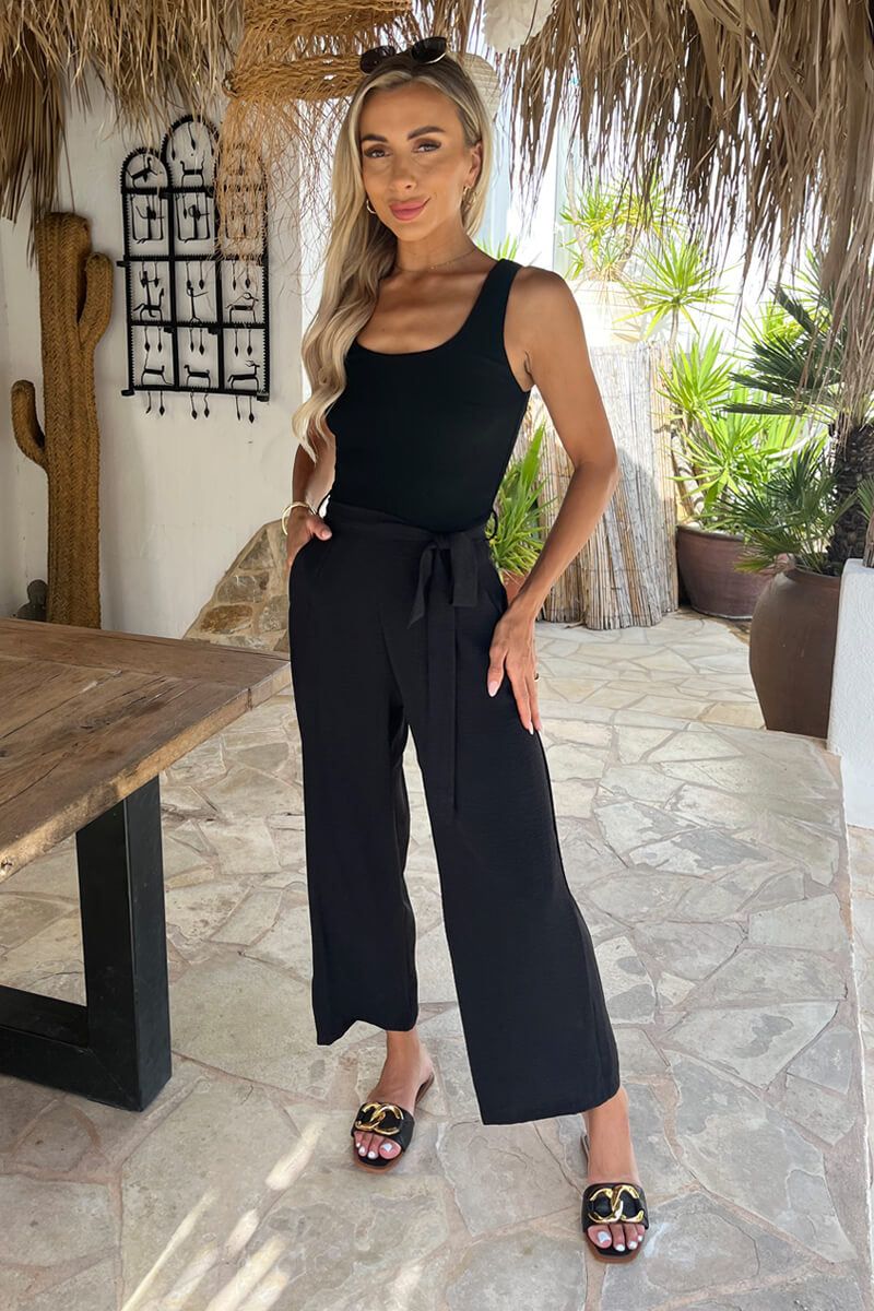AX Paris Black Ribbed Top Scoop Neck Tie Waist Jumpsuit