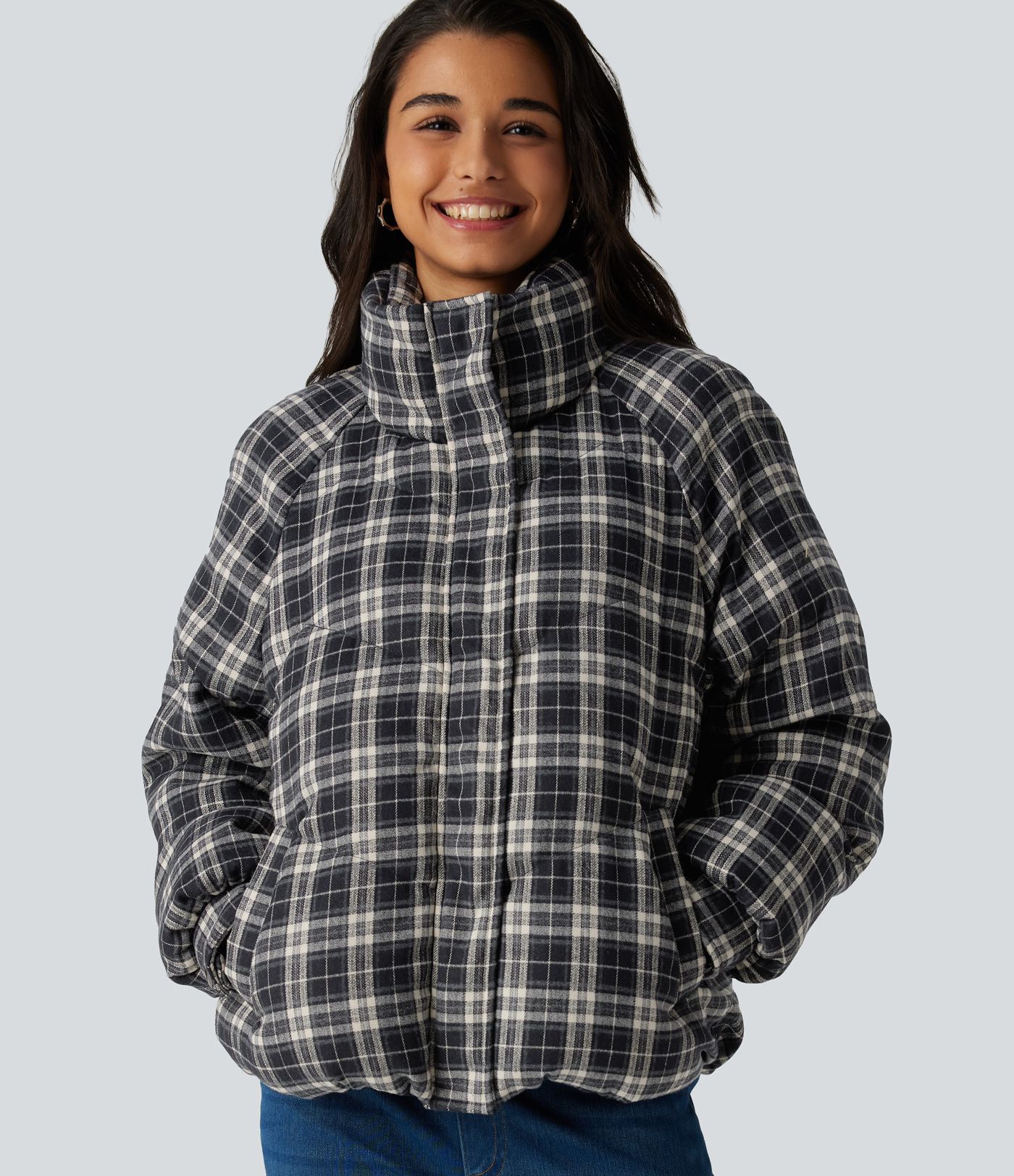 Veste matelassée à carreaux, col montant et manches longues avec poches