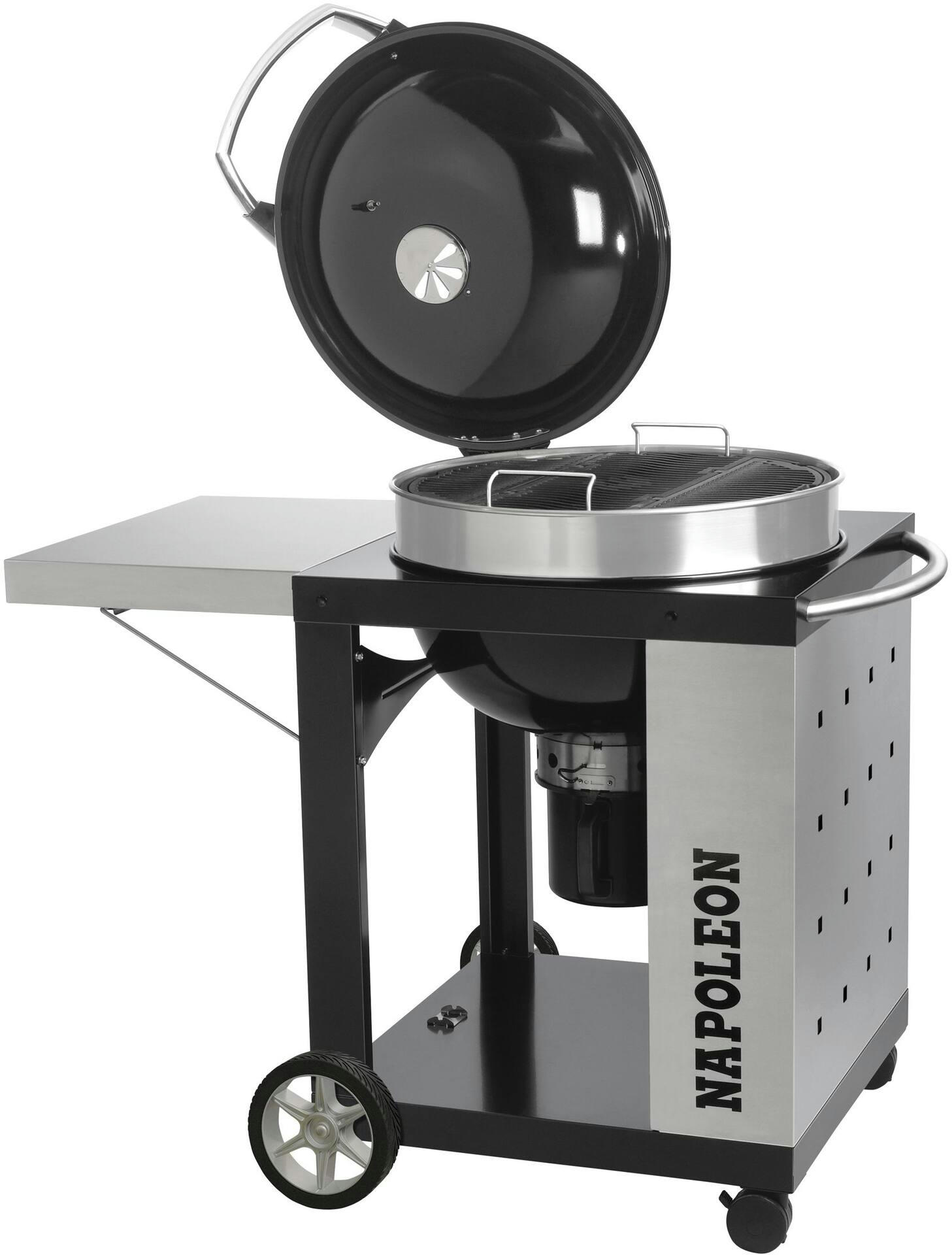 Napoleon 22-Inch PRO Charcoal Kettle BBQ Grill With Cart and Folding Prep Shelf, Hinged Cooking Grids