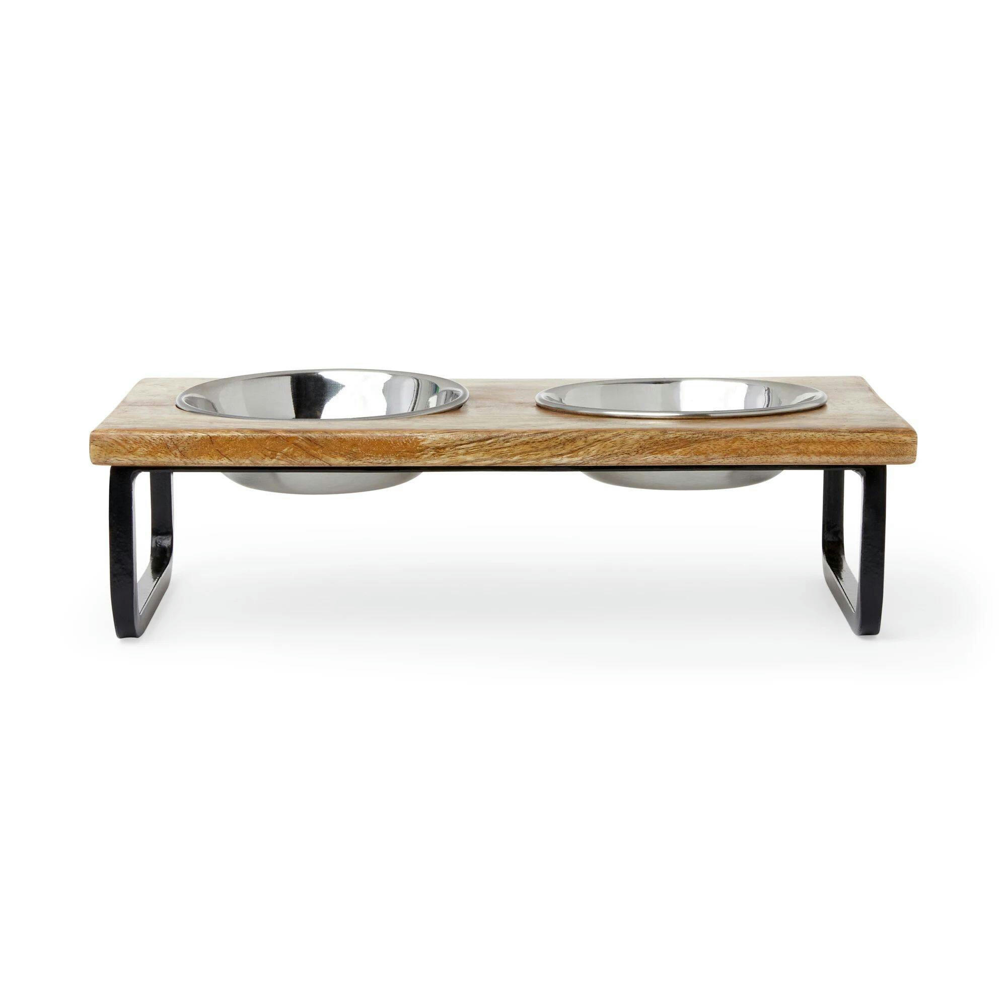 Petco Elevated Wood Double Diner with Stainless Steel Bowls, 1.25-cup