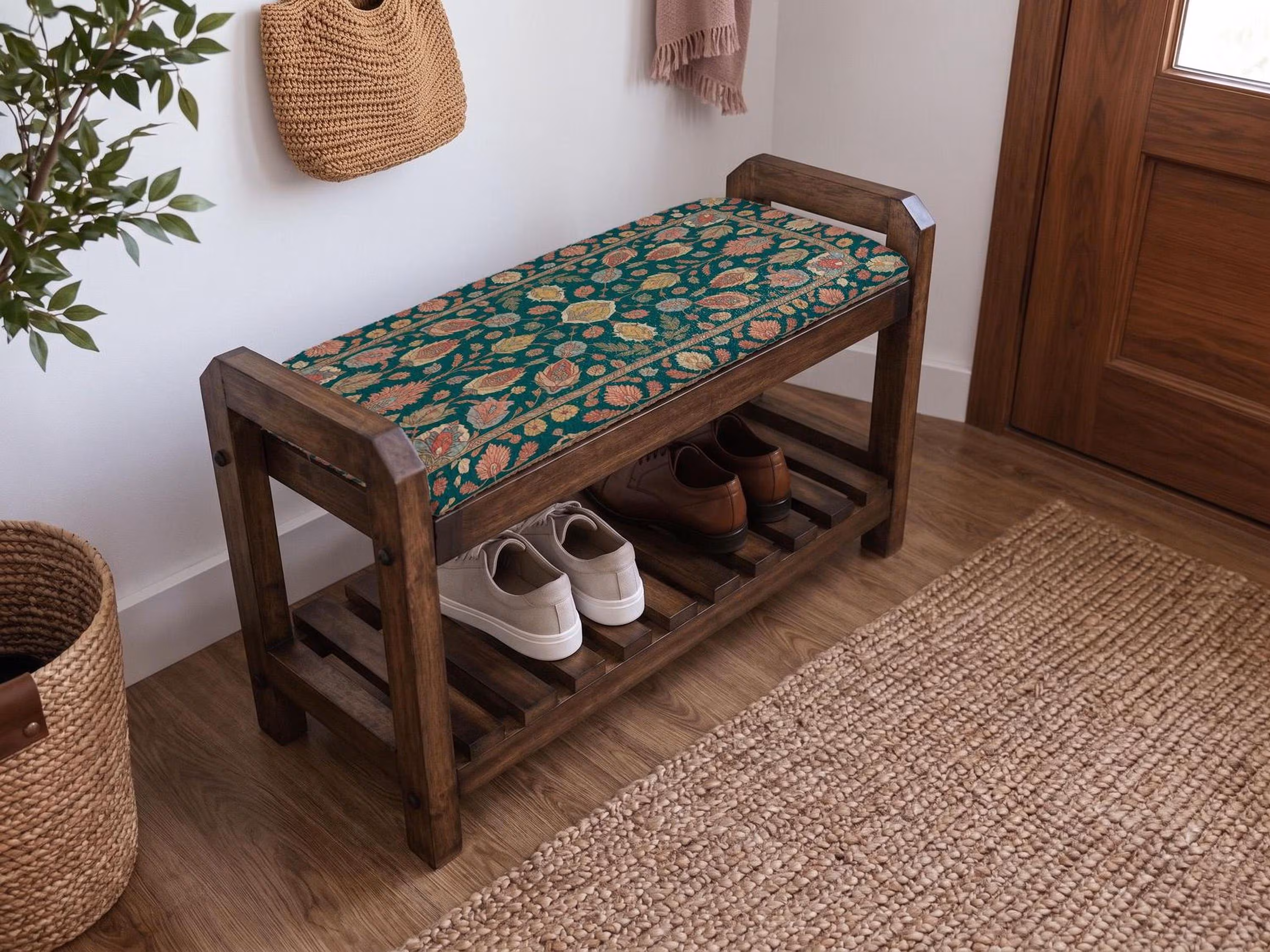 Forest Green Autumn Floral Shoe Rack Bench | Narrow Entryway Shoe Storage | Boho Turkish Handmade