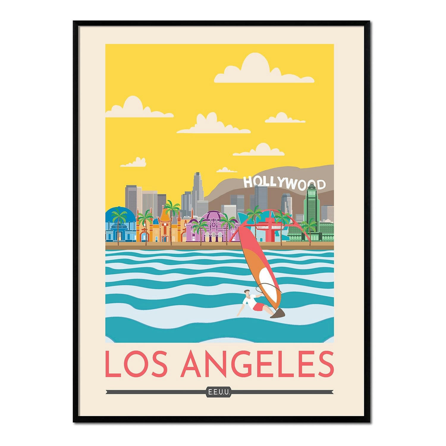 CIUDADES - Affiche avec cadre noir - Los Angeles - 50x70
