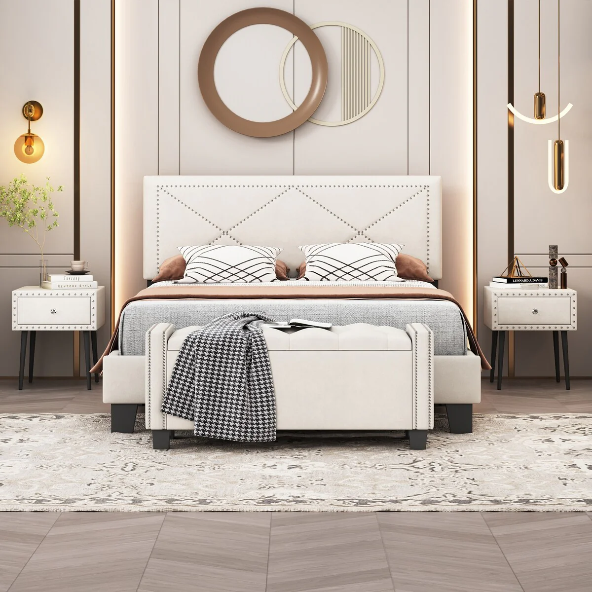 4-Pieces Bedroom Sets Queen Size Upholstered Bed with Nightstands and Ottoman