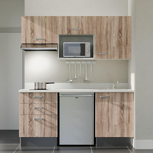 Kitchenette K20 - 180 cm - façades Bois - Plan monobloc en quartz coloris Snova évier à droite - Electroménager Inox