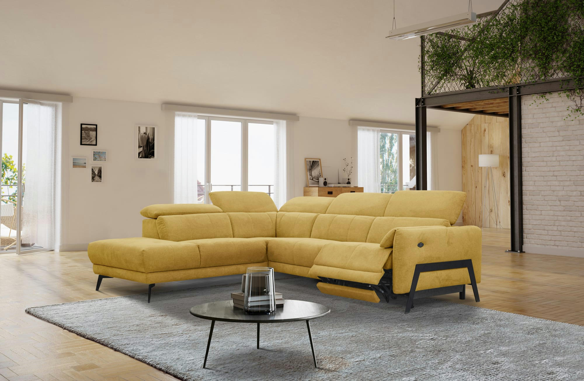 SCALA - Canapé d'angle gauche 5 places avec une relax électrique, Tissu Jaune