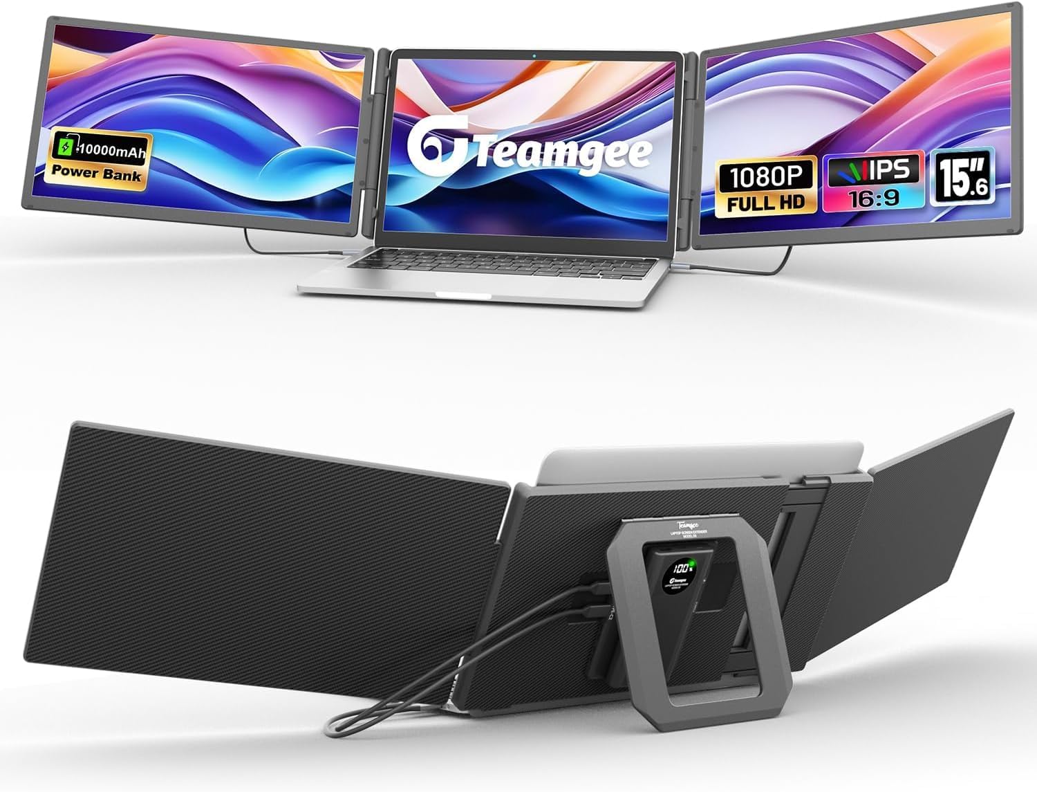 Teamgee 15.6 Laptop Screen Extender with Power Bank  FHD 1080P Triple Monitor  Driver-Free Plug & Play for 13-17 Laptops (HDMI/USB)  Home Office/Small Business  Windows/Mac/Android