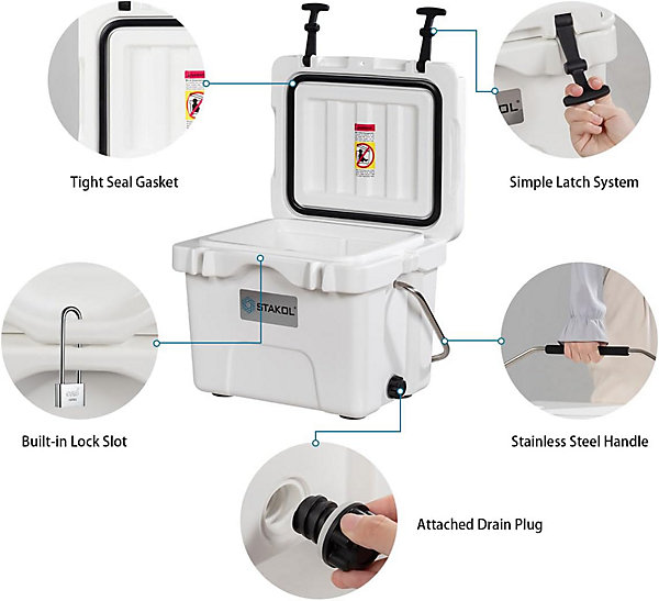 Glacière Rigide 15 L pour Aliments et Boissons Glacière avec Poignée Bouchon de vidange et 2 Porte Gobelets Blanc