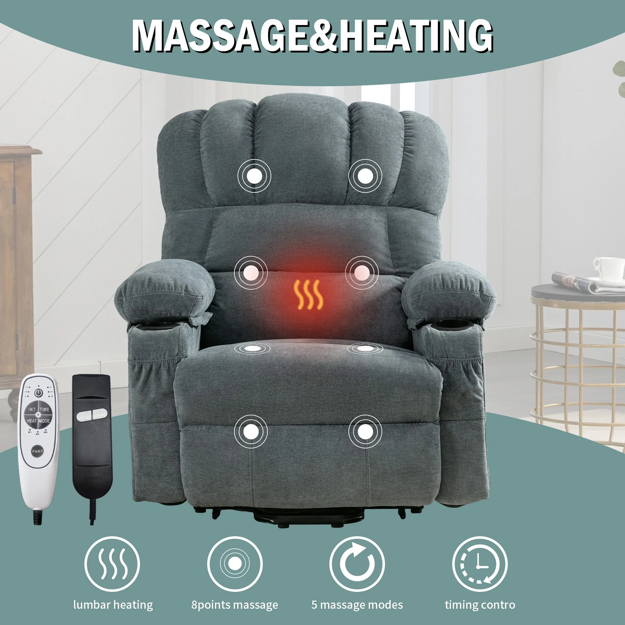 Lift Recliner Chair with Massage and Heat - Remote Control, USB Port, 8-Point Vibration