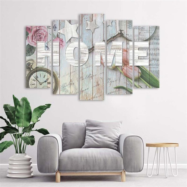 Feeby Obraz 5 częściowy Napis Home szare drewno 100x70