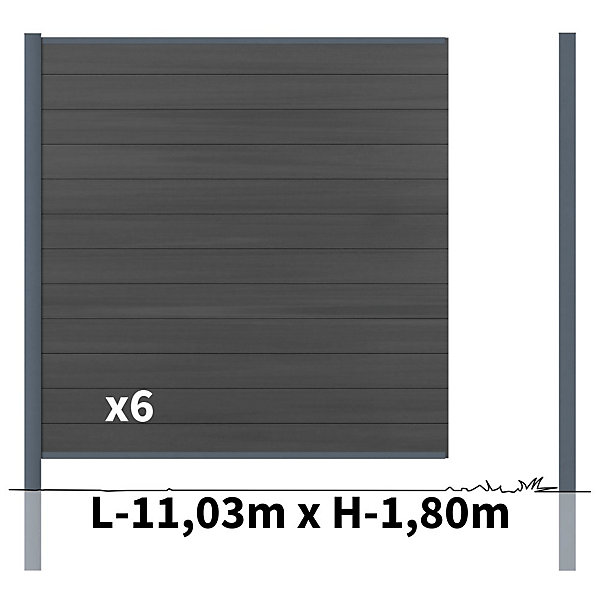 Kit Clôture Bois Composite Ardoise 11x1,8m CRUZ - Poteaux en Aluminium Gris - Brise Vue - Palissade