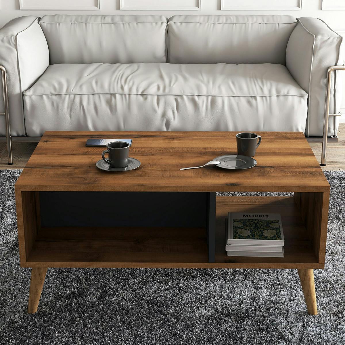Table basse avec niches rangement, effet noyer & gris MARFA