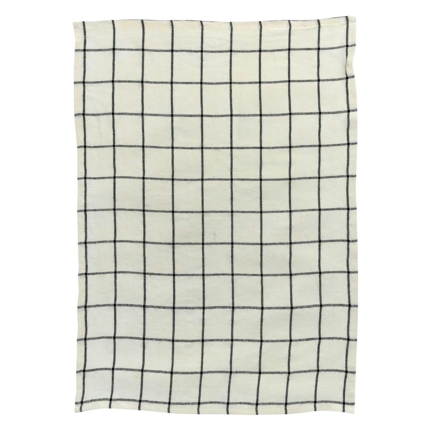 KARMA - Torchon carreaux  en lin ecru/noir 55 x 75