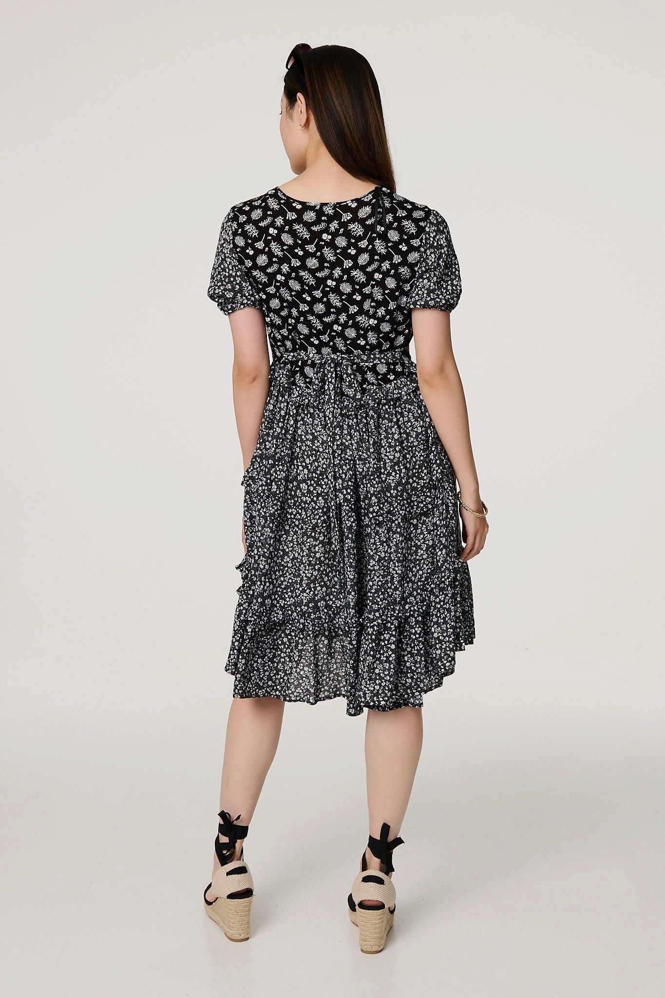 Izabel London Floral Short Sleeve Tiered Skater Dress