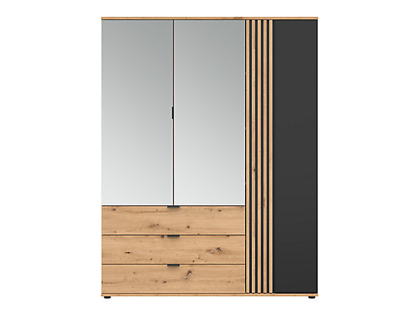 Armoire à 3 portes et 3 tiroirs avec miroir,coloris Chêne artisan/Noir - Longueur 150,5 x Profondeur 56 x Hauteur 195,5 cm