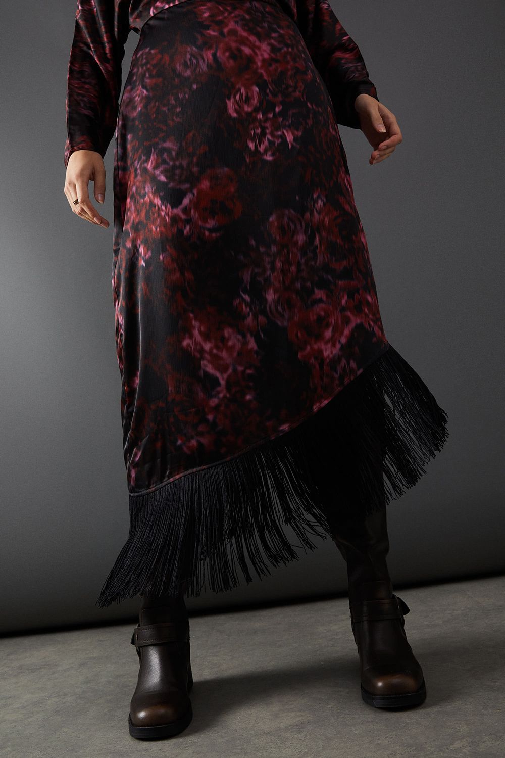 Warehouse Batwing Asymmetric Midi Dress With Fringe