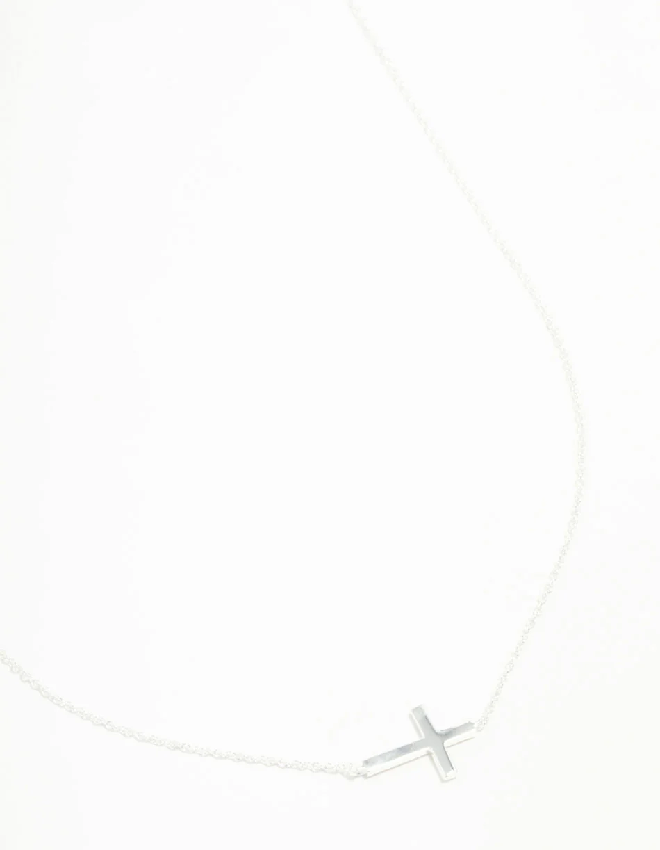 Sterling Silver Large Horizontal Cubic Zirconia Cross Necklace