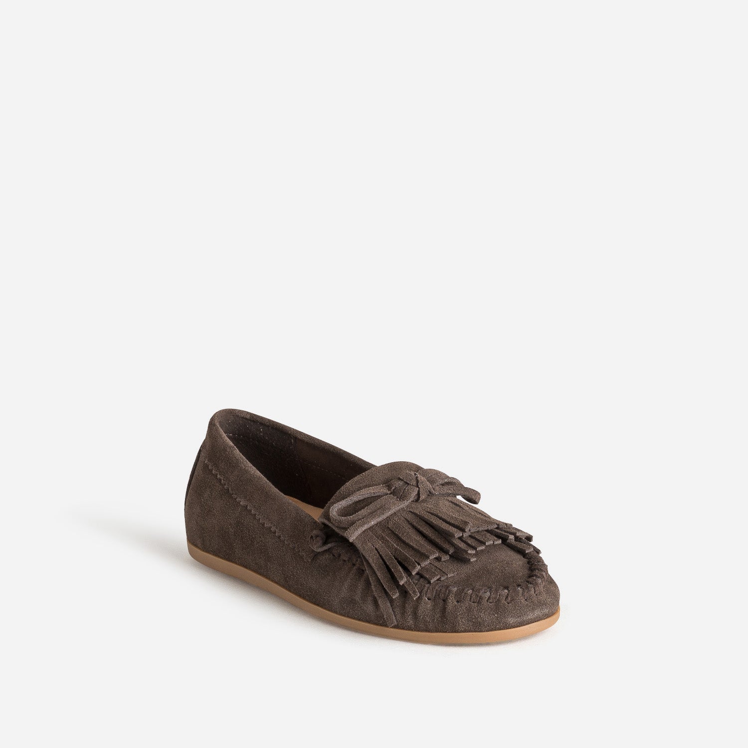 Mocassin marron cuir velours patte frangée