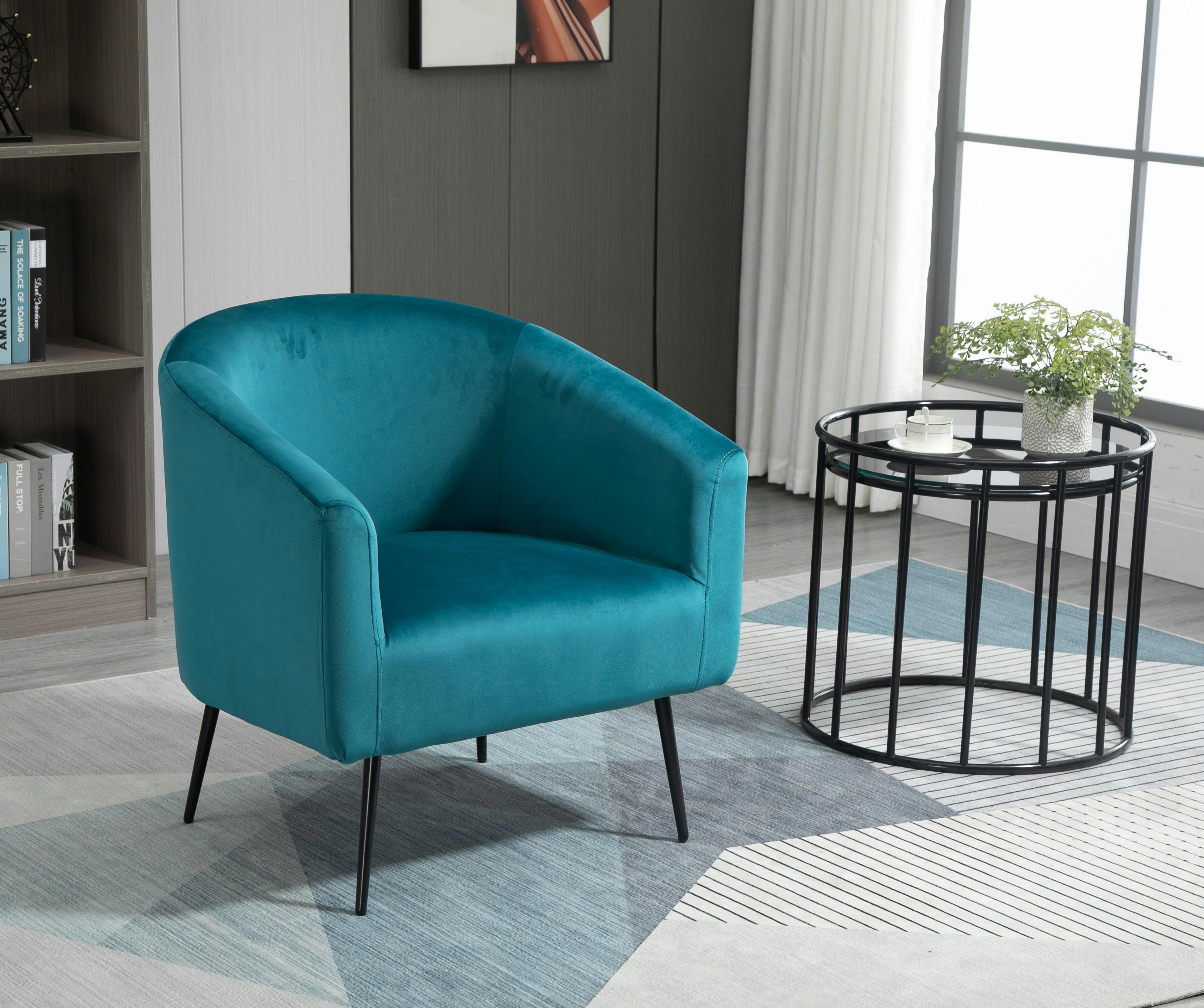 - Fauteuil de salon en métal et velours bleu canard