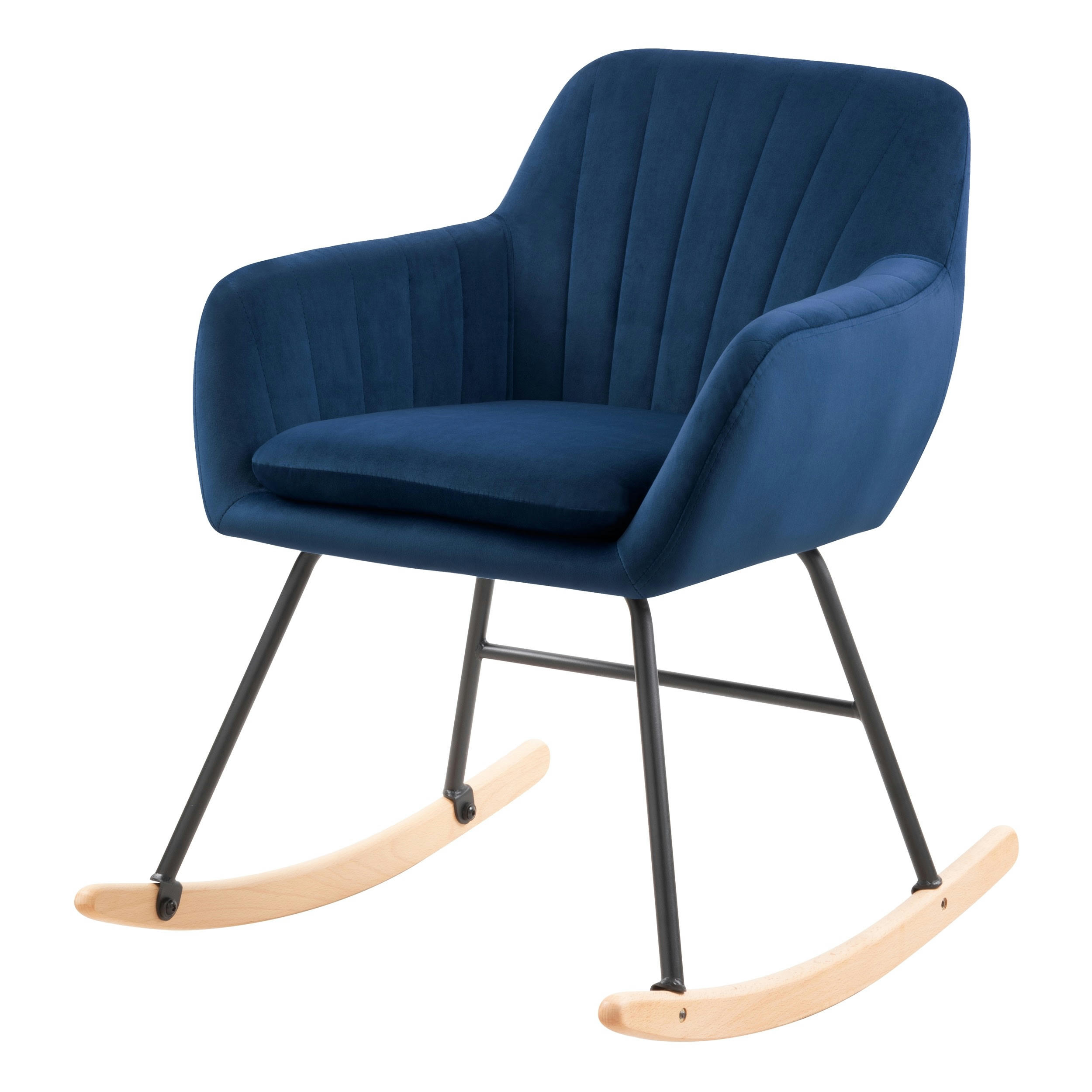 ISOLA - Rocking-chair en velours bleu et pieds en métal et bois