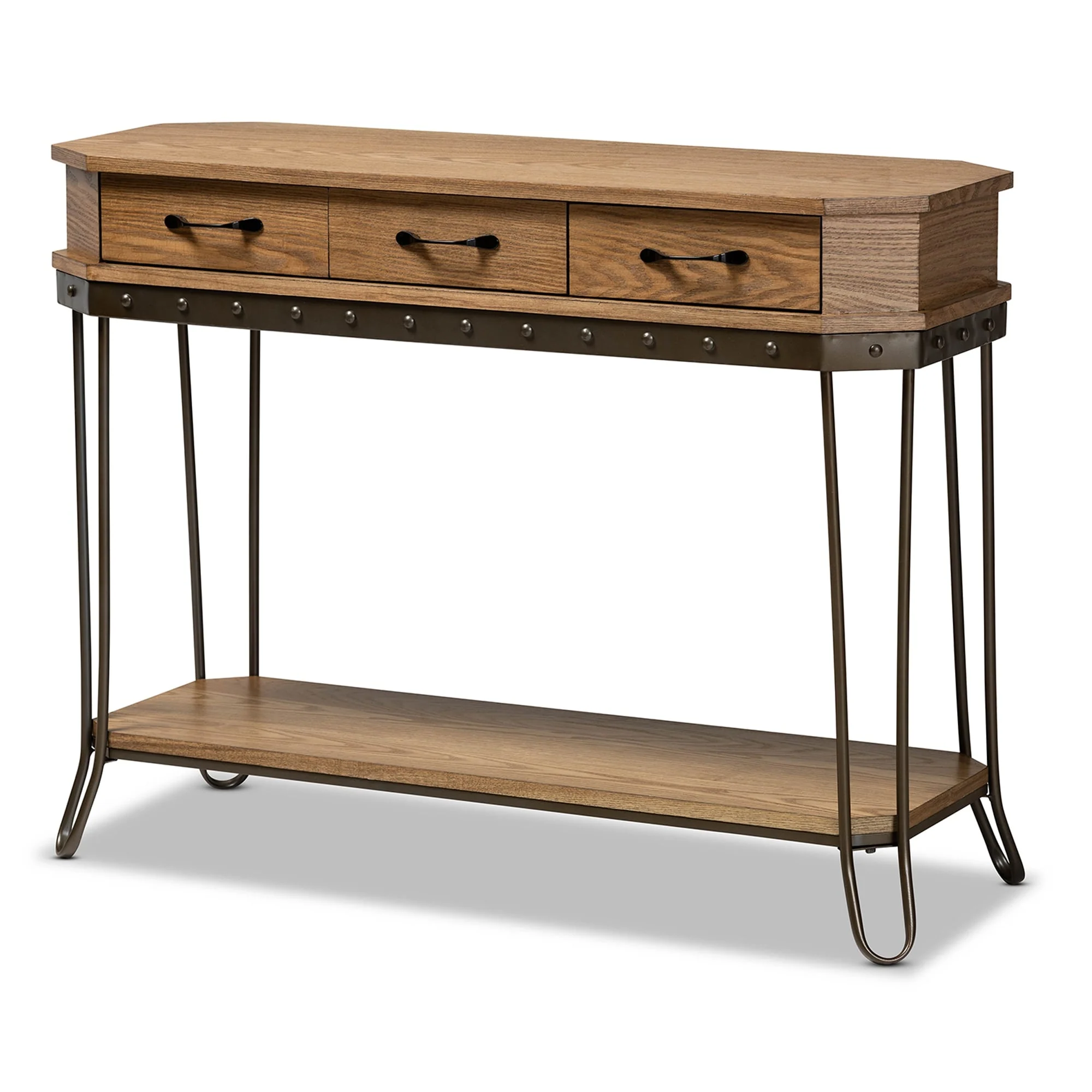 Kellyn Oak Brown Wood and Black Metal 3-Drawer Console Table