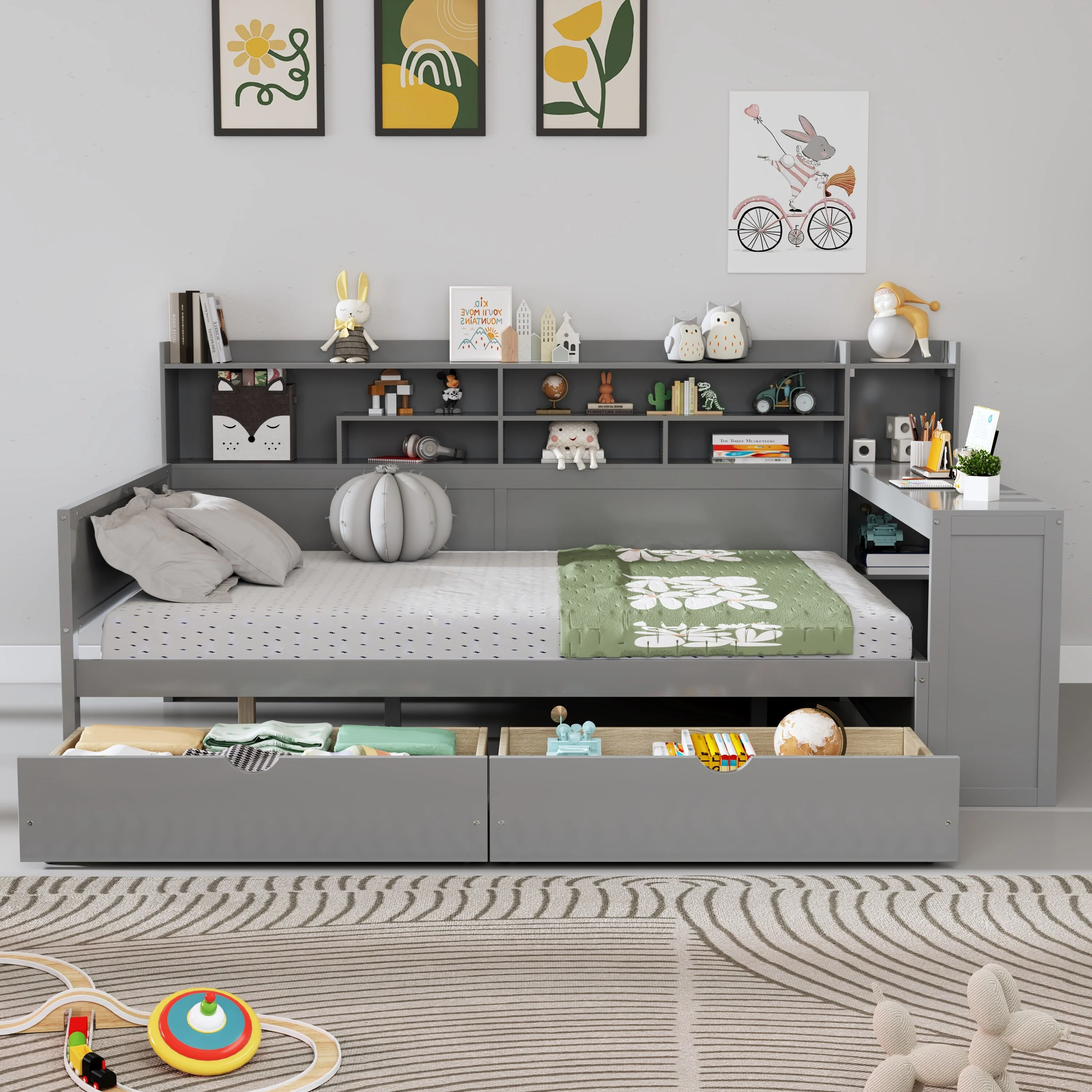Wooden Full Size Daybed with Storage Shelves, Multi-functional Bed with Two Storage Drawers and Study Desk, Gray