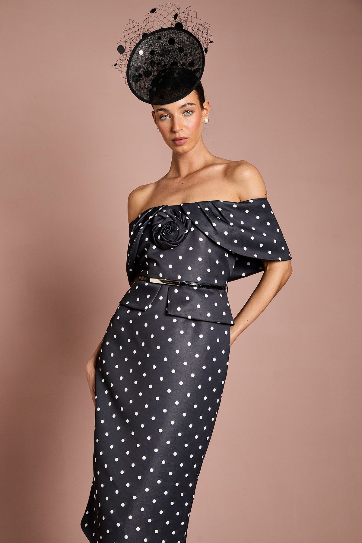 Coast Petite Lisa Tan Spot Print Corsage Off The Shoulder Pencil Dress