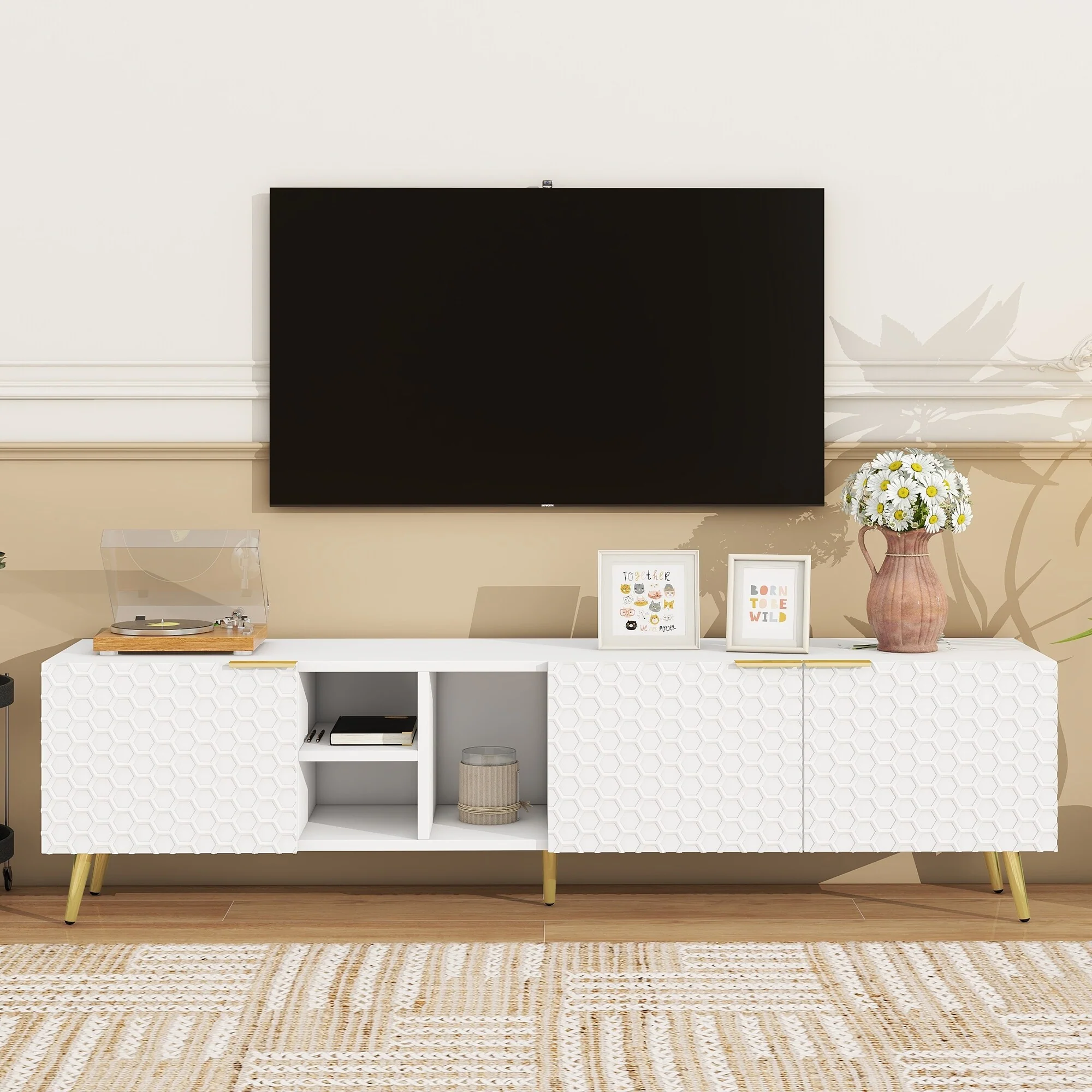 White+Gold 70 TV Stand with Cabinets & Gold Legs for TVs Up to 80