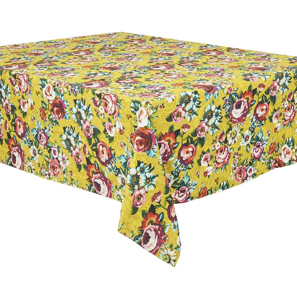 DEVI - Nappe grand format en coton imprimé fleuri jaune 140x235