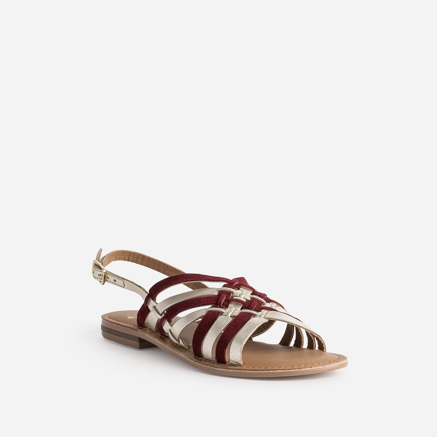 Sandale dorée et bordeaux en cuir tressé