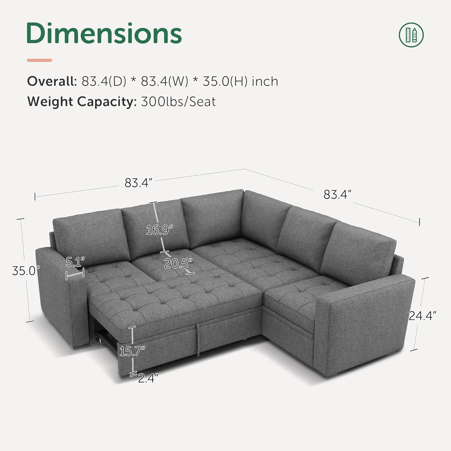 HONBAY Modular Sectional Sleeper Sofa with Pull Out Bed, Linen Convertible L Shaped Couch with Storage Seat, Sectional Couches for Living Room,Grey