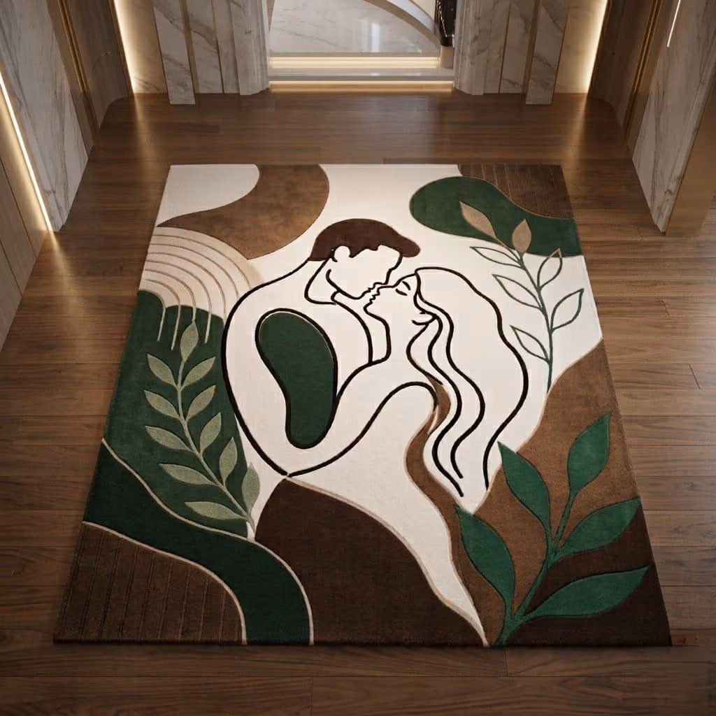 Hand Tufted Abstract Couple Botanical Rug, Wool Blend Area Rug, Modern Earth Tones