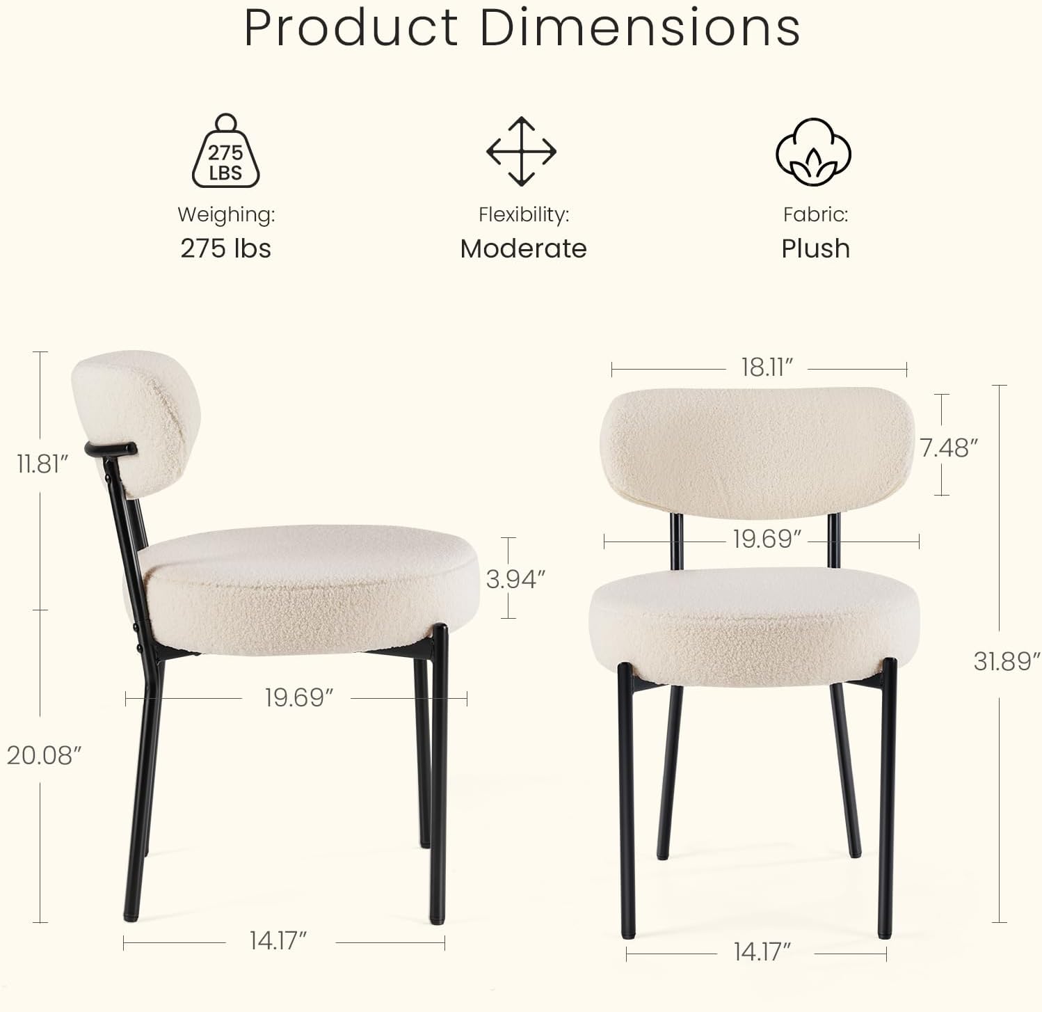 DUMOS Dining Chairs Set of 2, Mid Century Modern Chair Round Upholstered Curved Backrest, Kitchen Vanity Living Room Chairs with Black Metal Legs，Ivory White