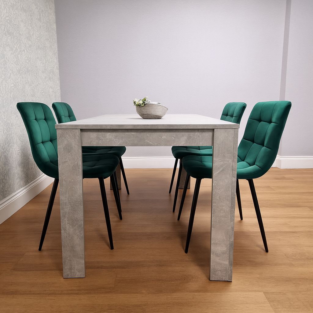 KOSY KOALA Wooden Grey Dining Table Set with 4 Green Velvet Chairs