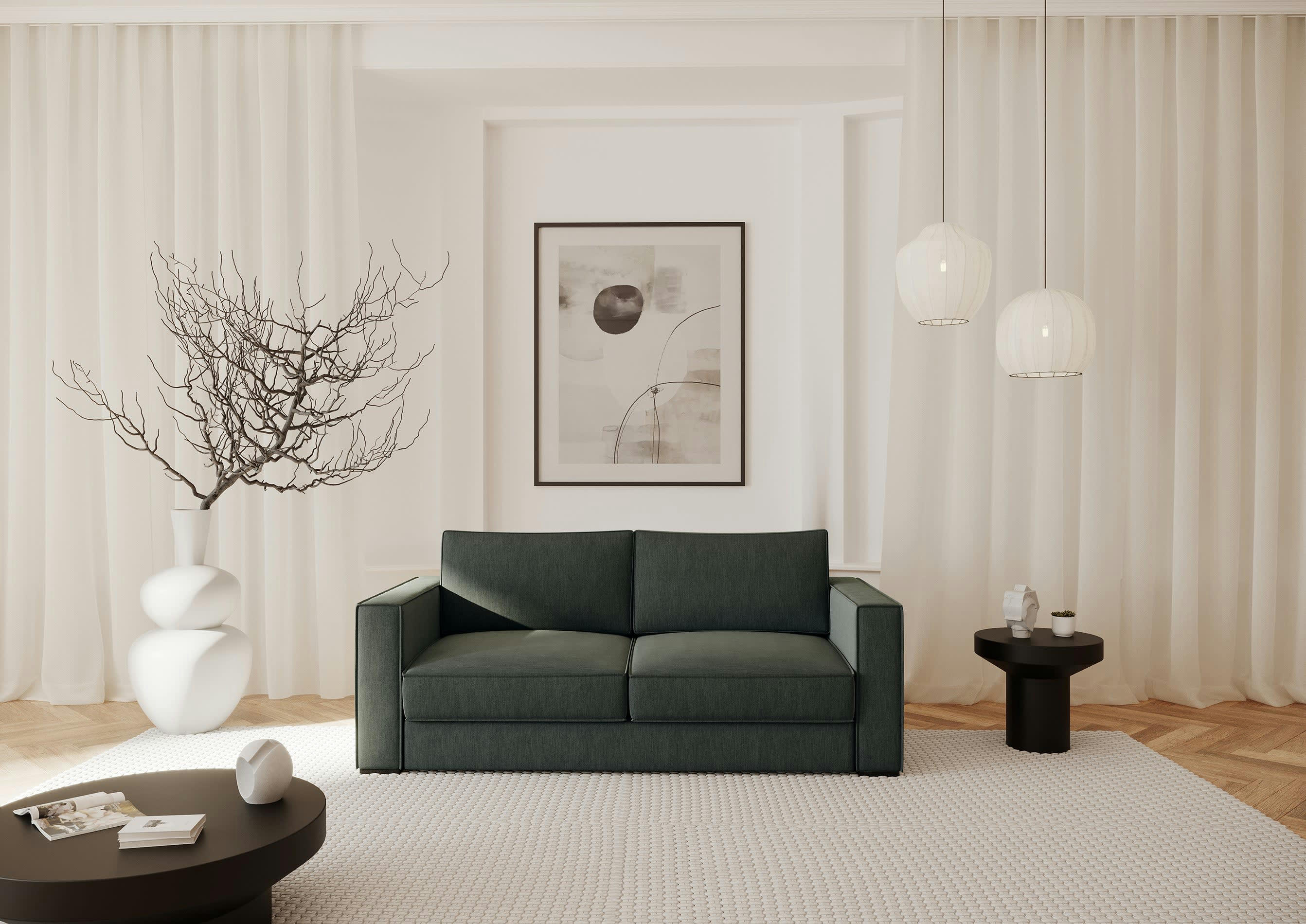 LEXY - Canapé convertible matelas tissu tramé vert olive 160cm