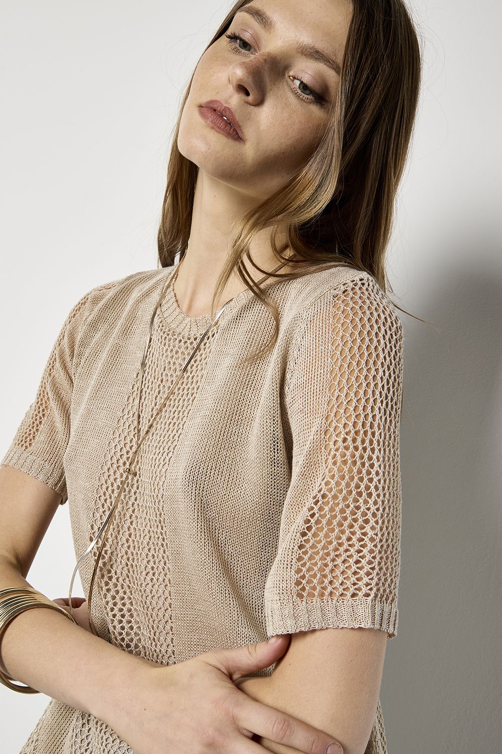 Apricot Pointelle Knit Layered Tunic Top