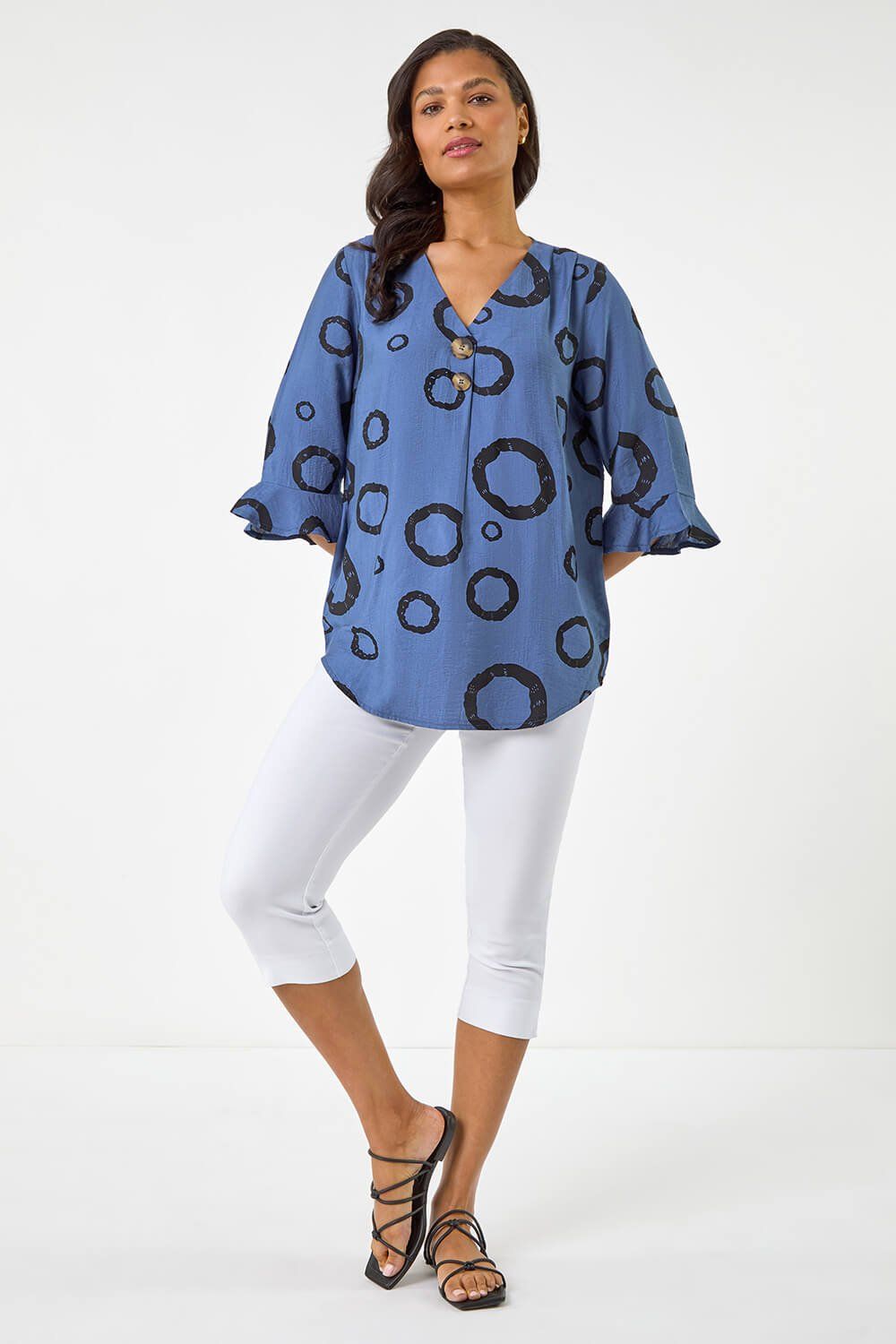 Roman Circle Print V-Neck Button Tunic Top