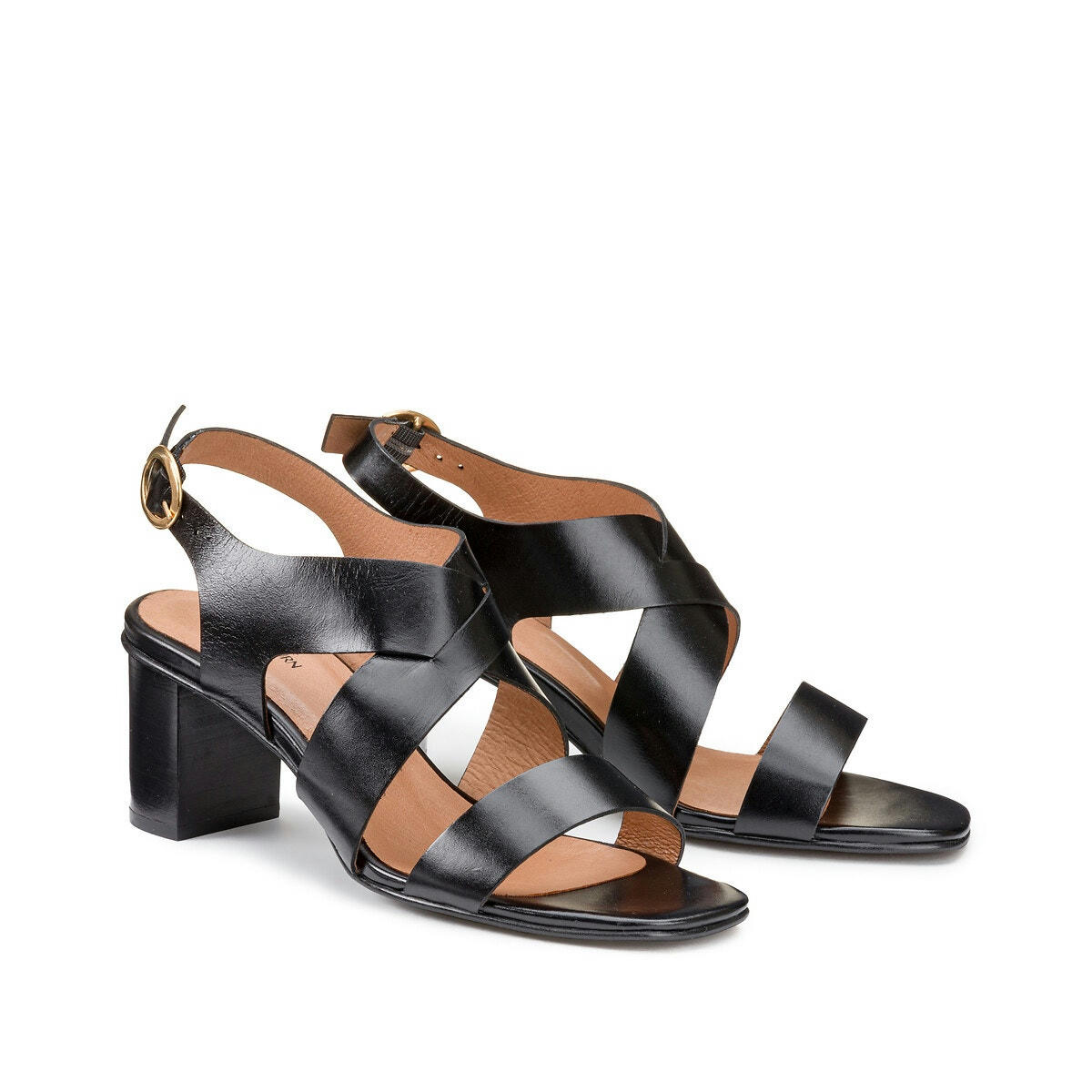 Sandales en cuir talon large, brides croisées