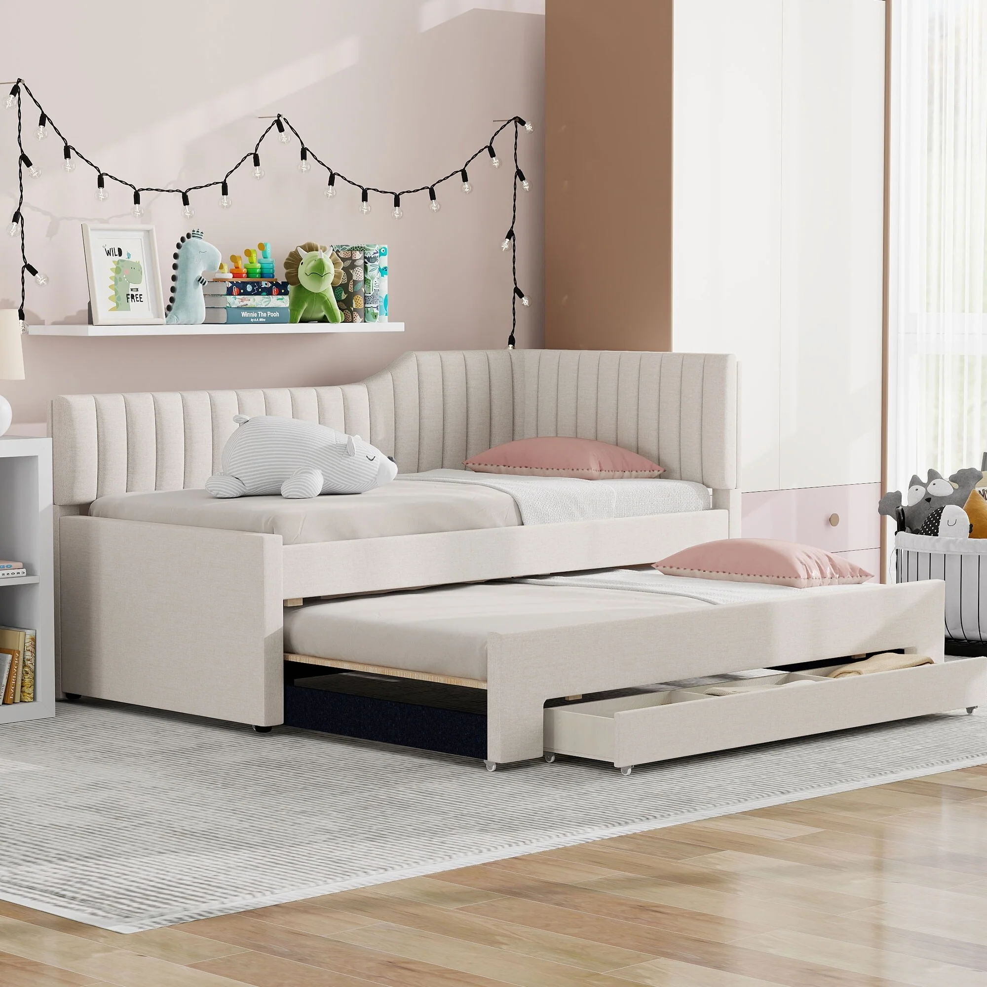 Twin Size Upholstered Daybed with Trundle and Three Drawers